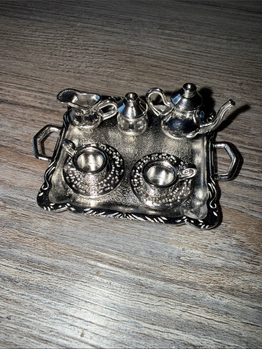 Classic Silver Miniature Tea Set Decorative Tray - Home Accents
